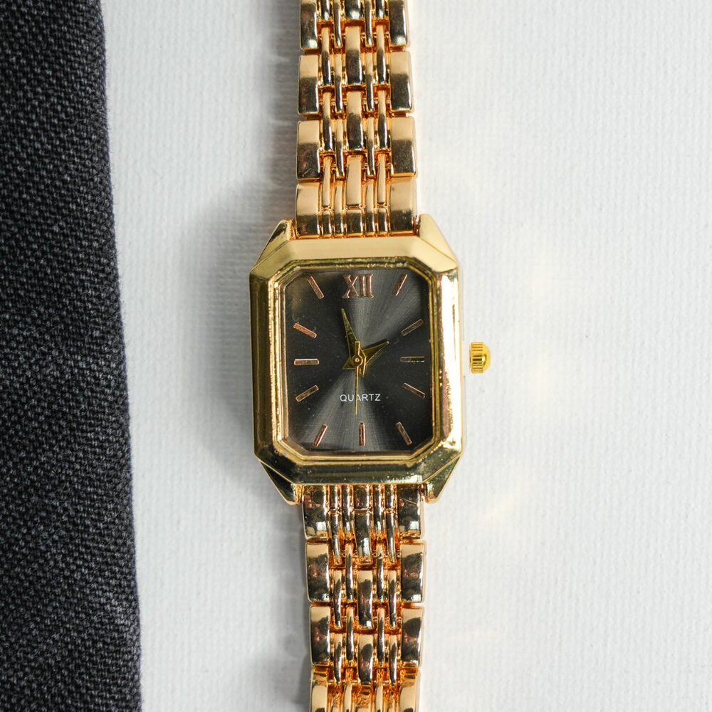 Gold Rectangle Analog Watch Dark Gray Dial
